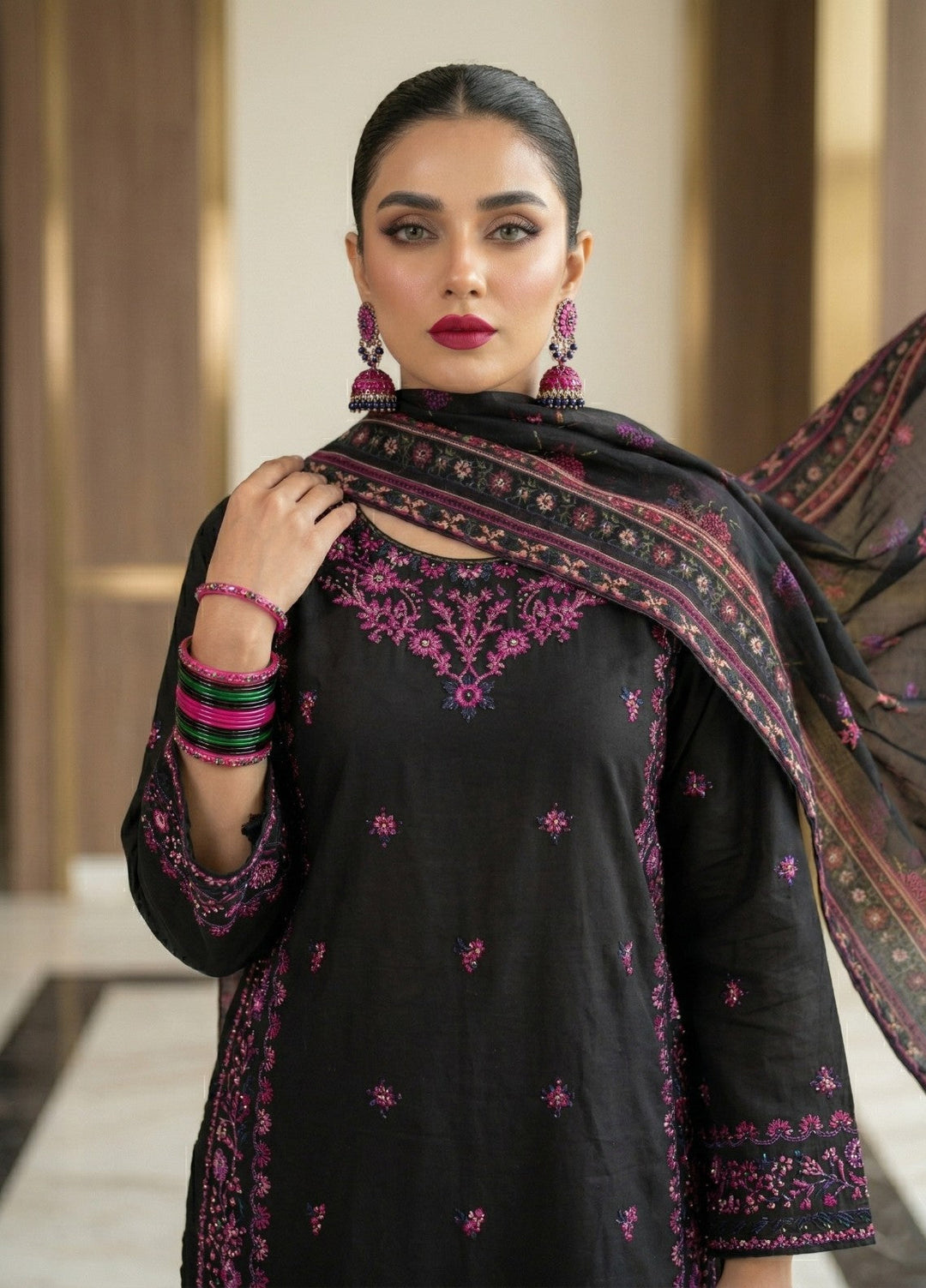 Zayra by Diara Couture RTW Embroidered Cotton 3 Piece Suit AVENZA ZP-80 BLACK  - Festive Collection