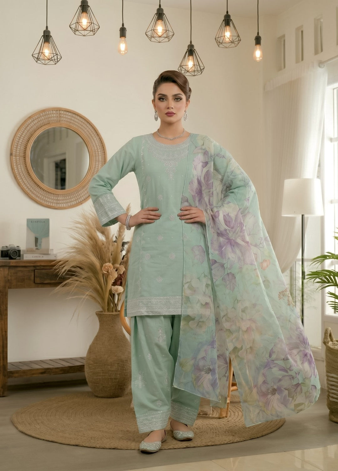Zayra by Diara Couture RTW Embroidered Cotton 3 Piece Suit MAYRA ZP-76 AQUA  - Festive Collection