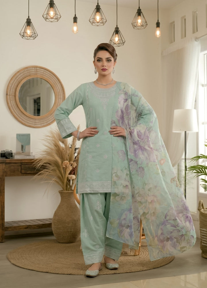 Zayra by Diara Couture RTW Embroidered Cotton 3 Piece Suit MAYRA ZP-76 AQUA  - Festive Collection