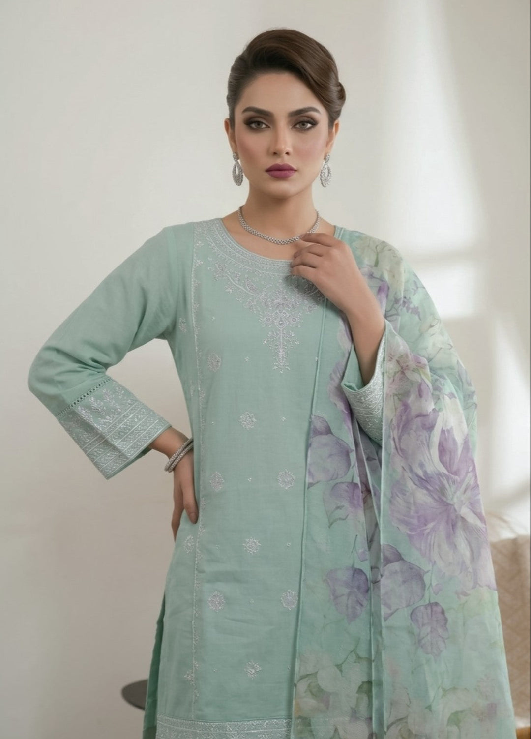 Zayra by Diara Couture RTW Embroidered Cotton 3 Piece Suit MAYRA ZP-76 AQUA  - Festive Collection