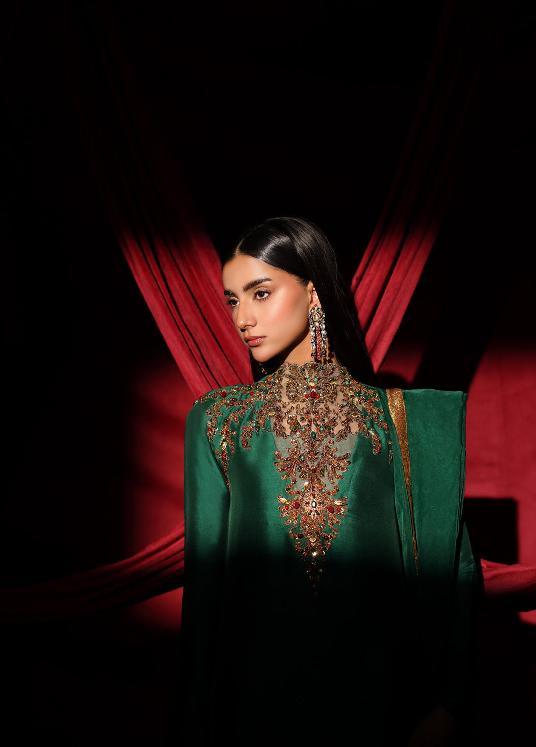 The Glamorous by Musferah Saad RTW Hand work Tissue Silk 3 Piece Suit The Emerald Queen - Eid Collection
