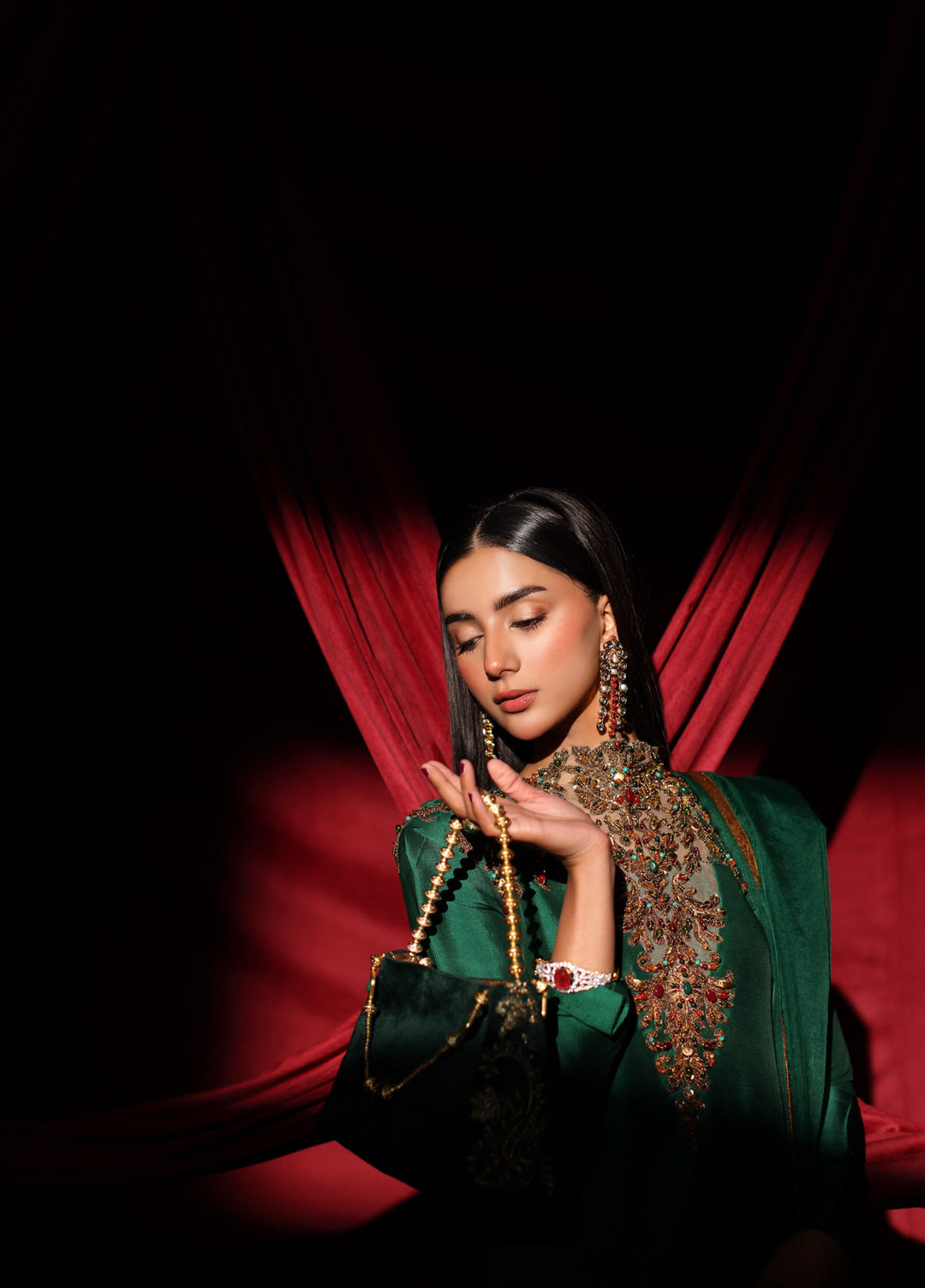 The Glamorous by Musferah Saad RTW Hand work Tissue Silk 3 Piece Suit The Emerald Queen - Eid Collection