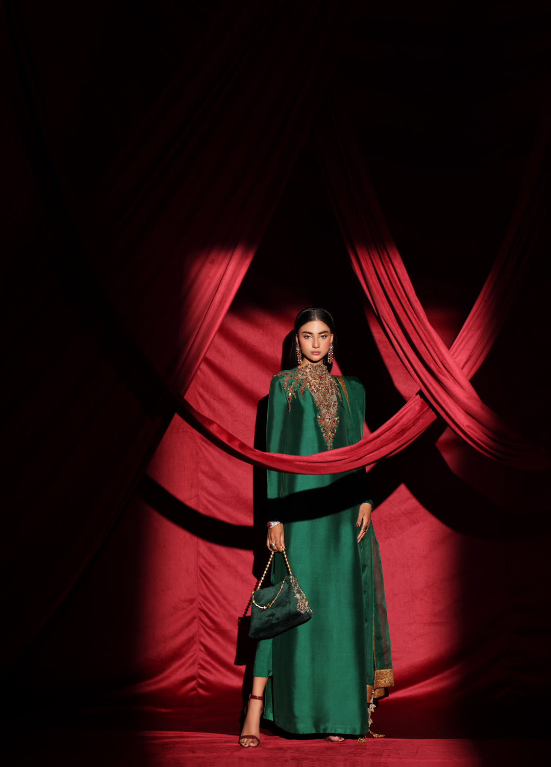 The Glamorous by Musferah Saad RTW Hand work Tissue Silk 3 Piece Suit The Emerald Queen - Eid Collection
