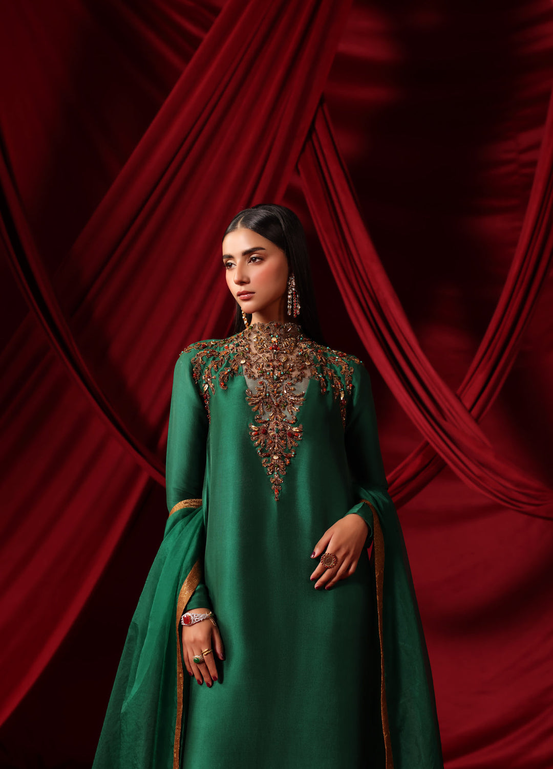 The Glamorous by Musferah Saad RTW Hand work Tissue Silk 3 Piece Suit The Emerald Queen - Eid Collection
