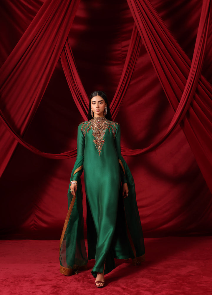 The Glamorous by Musferah Saad RTW Hand work Tissue Silk 3 Piece Suit The Emerald Queen - Eid Collection