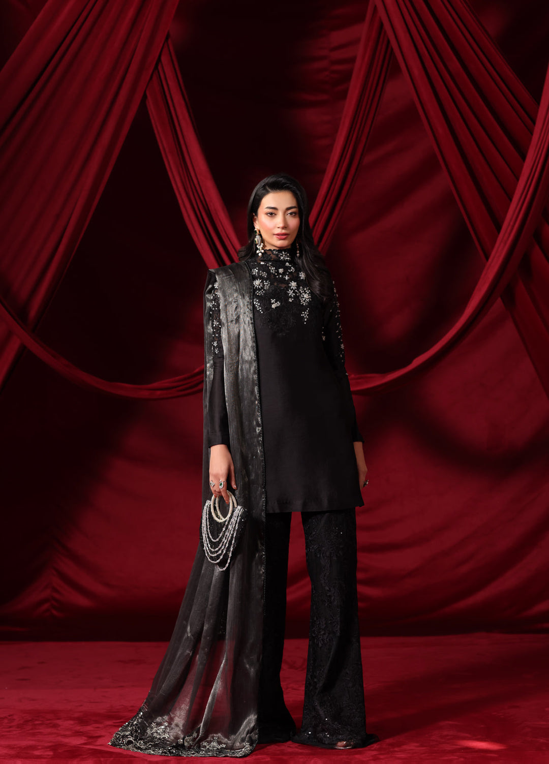 The Glamorous by Musferah Saad RTW Hand work Indian Raw Silk 3 Piece Suit Midnight Seduction - Eid Collection