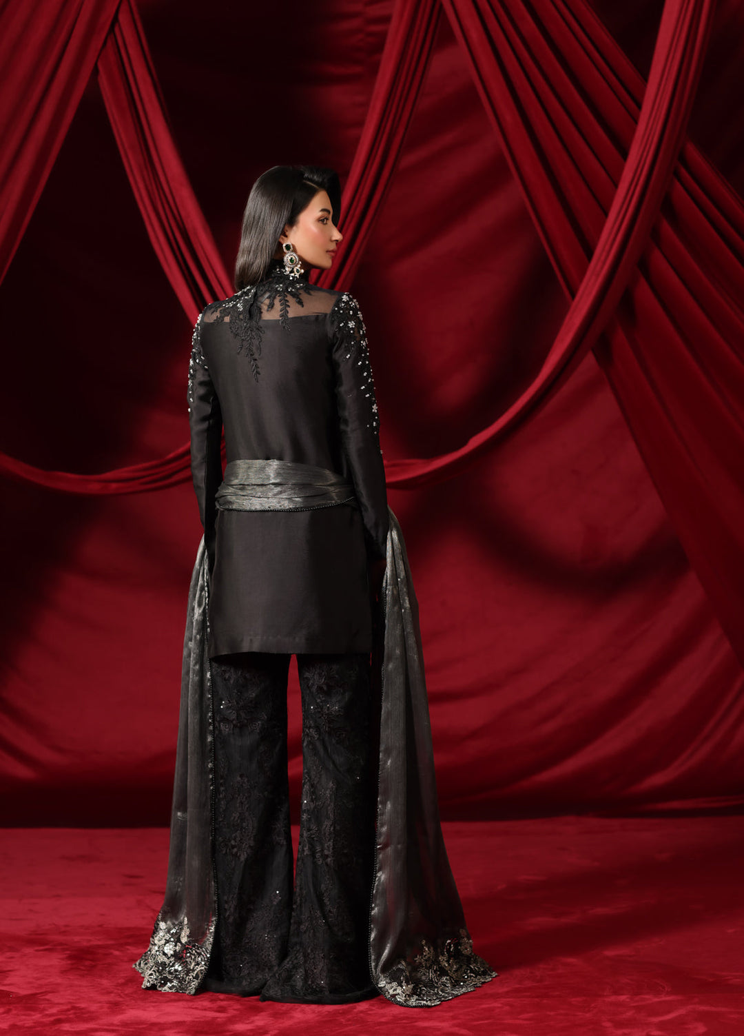 The Glamorous by Musferah Saad RTW Hand work Indian Raw Silk 3 Piece Suit Midnight Seduction - Eid Collection