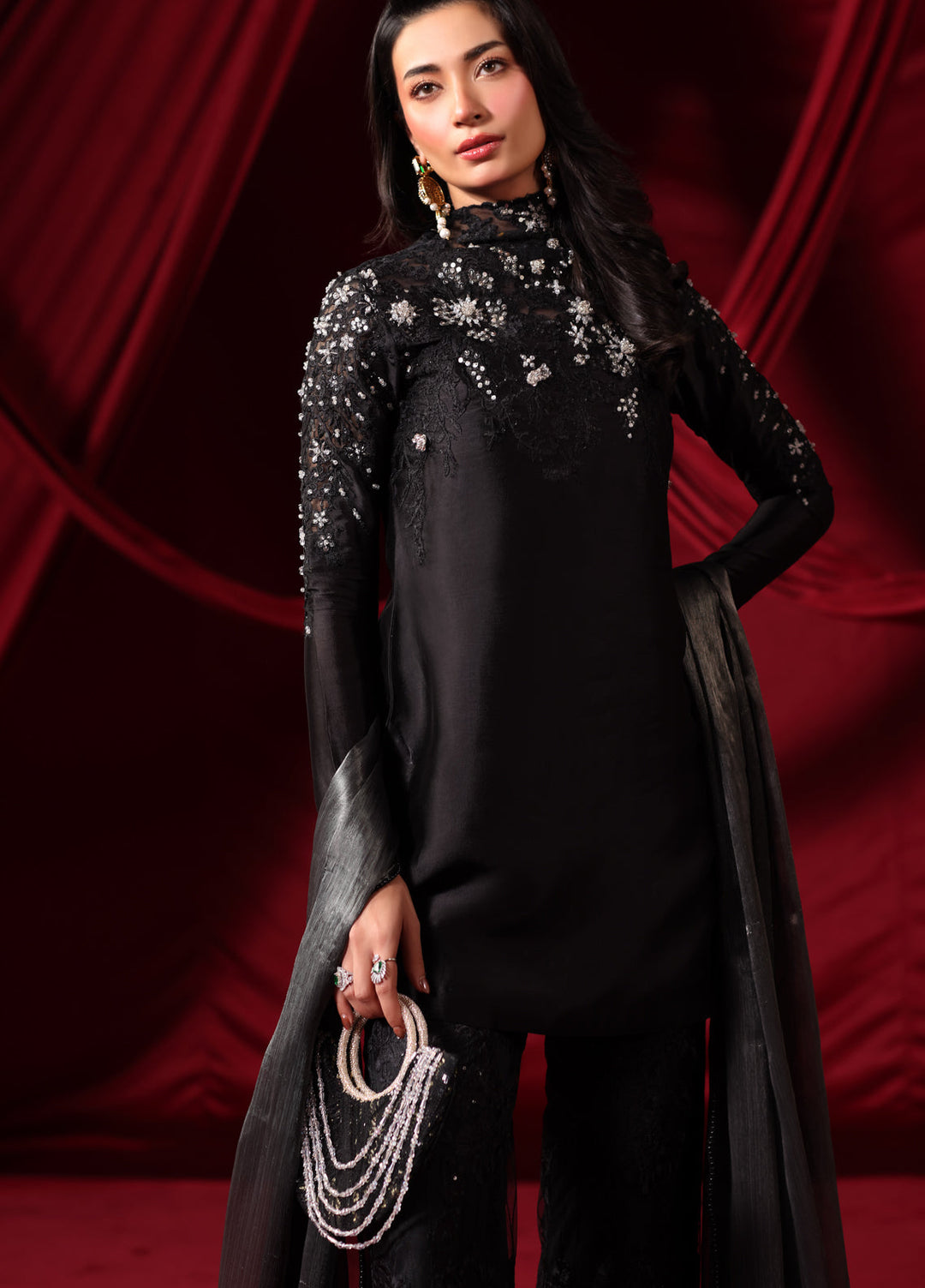 The Glamorous by Musferah Saad RTW Hand work Indian Raw Silk 3 Piece Suit Midnight Seduction - Eid Collection
