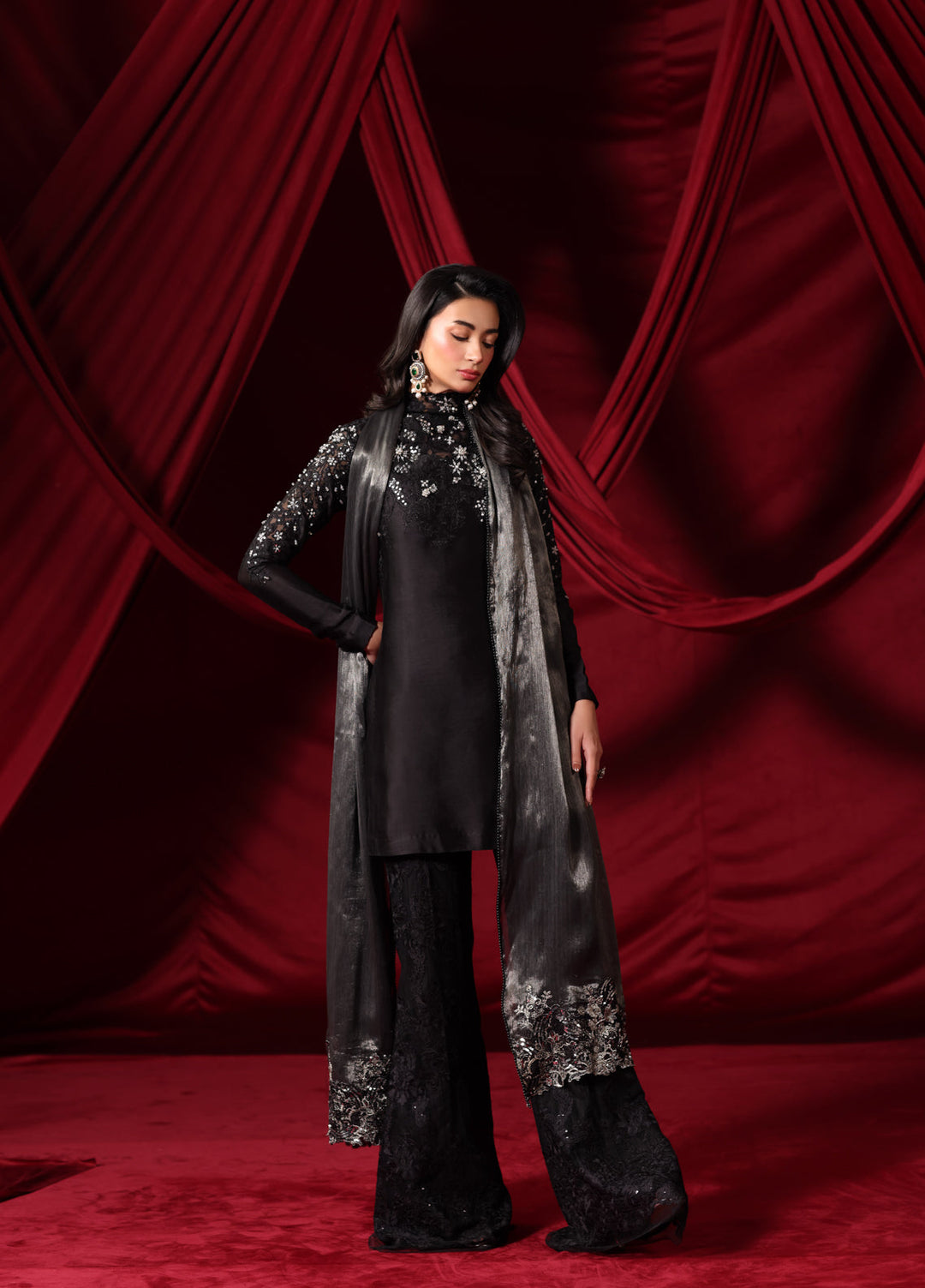The Glamorous by Musferah Saad RTW Hand work Indian Raw Silk 3 Piece Suit Midnight Seduction - Eid Collection