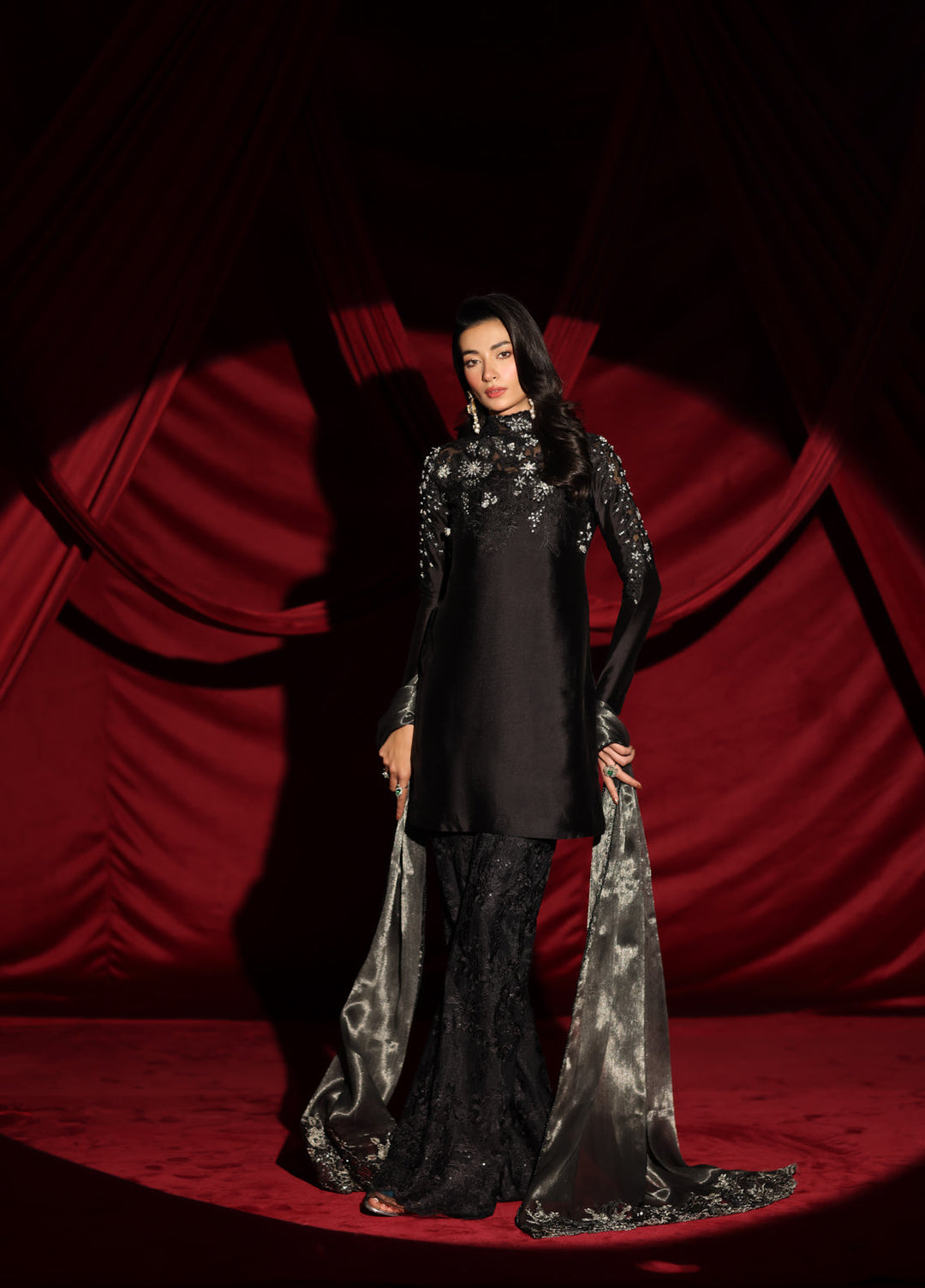 The Glamorous by Musferah Saad RTW Hand work Indian Raw Silk 3 Piece Suit Midnight Seduction - Eid Collection