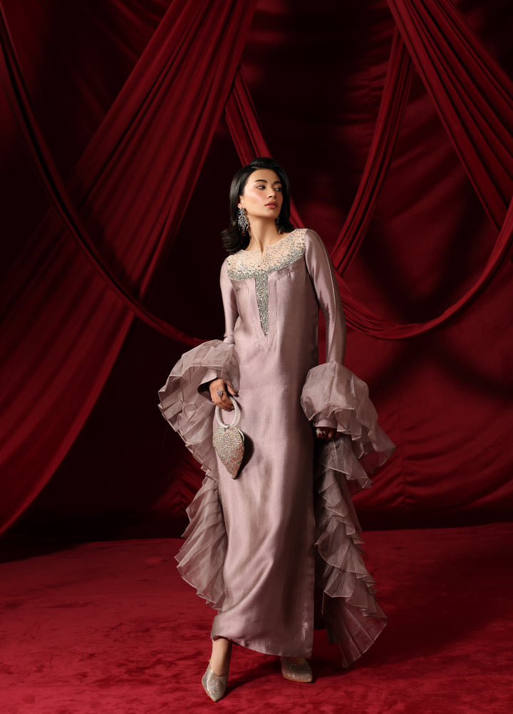 The Glamorous by Musferah Saad RTW Hand work Tissue Silk 3 Piece Suit Ashe Rose - Festive Collection