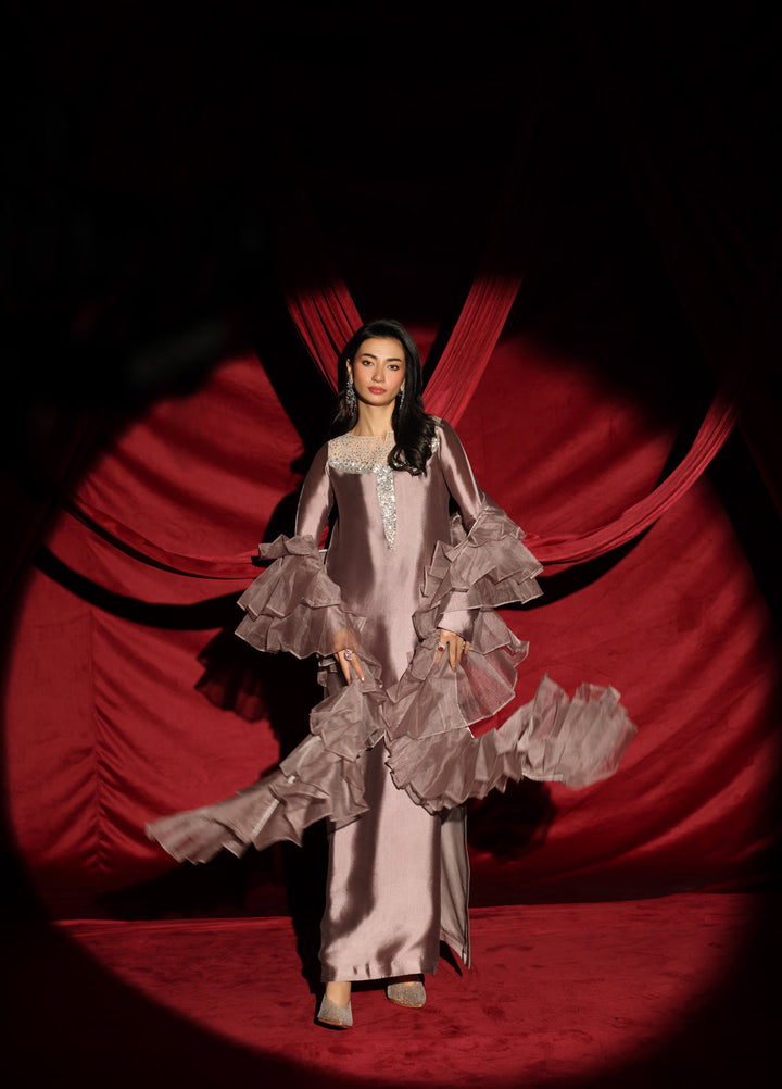 The Glamorous by Musferah Saad RTW Hand work Tissue Silk 3 Piece Suit Ashe Rose - Festive Collection