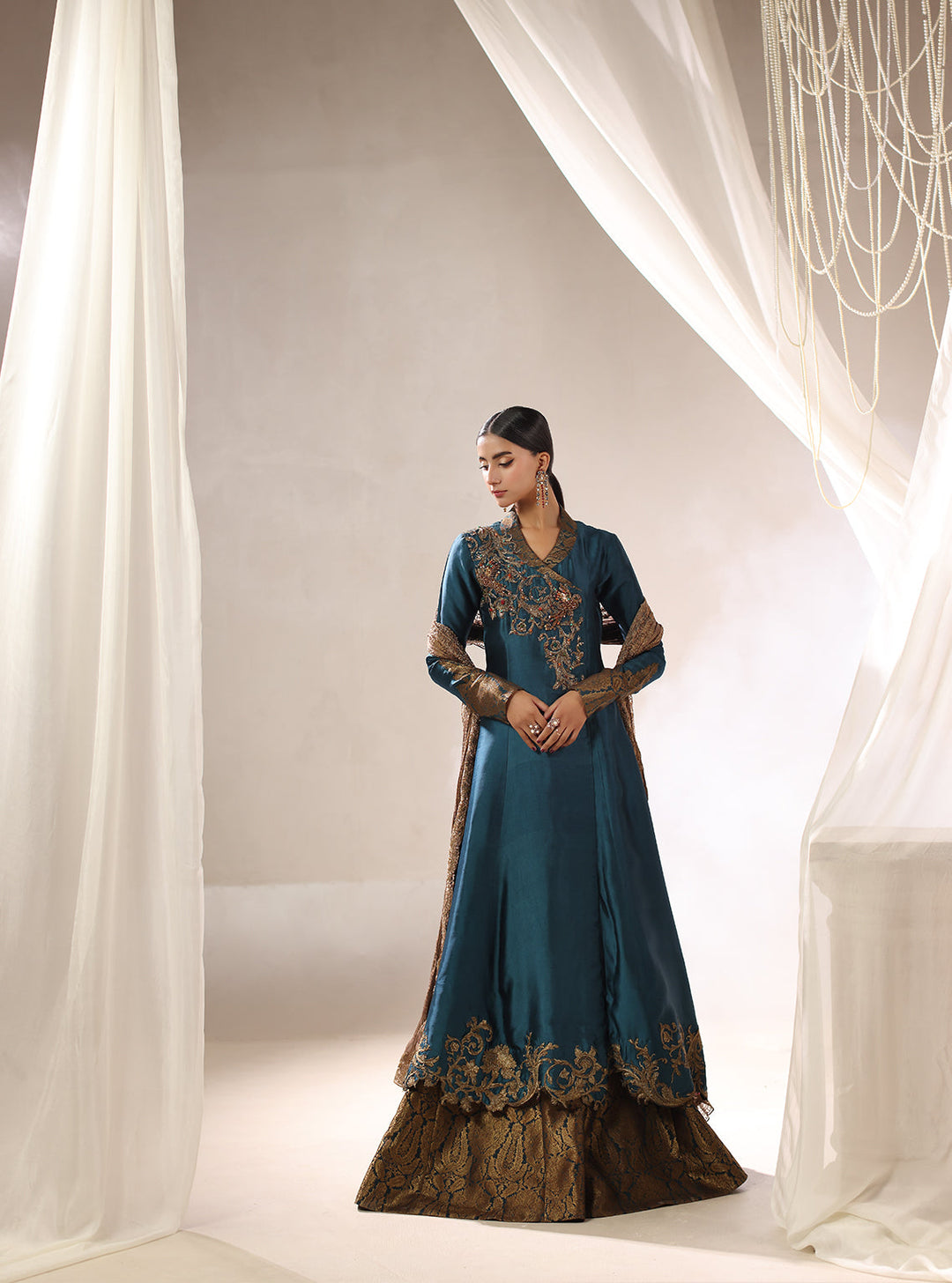 Twilight by Musferah Saad RTW Hand work Tissue Silk 3 Piece Suit Teal Temptress - Eid Collection