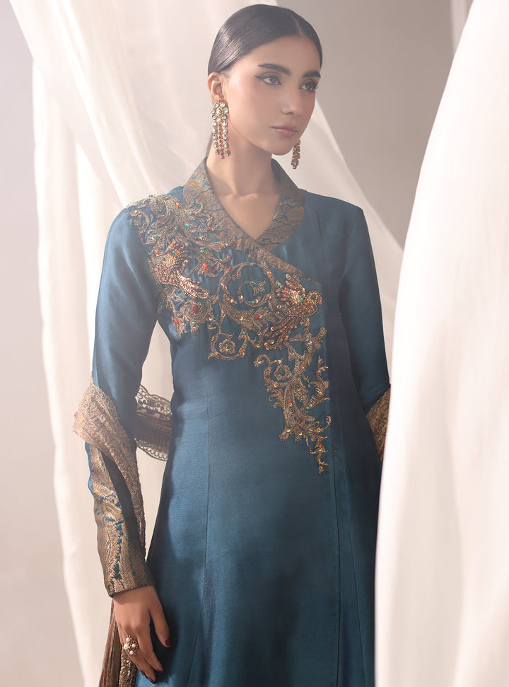 Twilight by Musferah Saad RTW Hand work Tissue Silk 3 Piece Suit Teal Temptress - Eid Collection