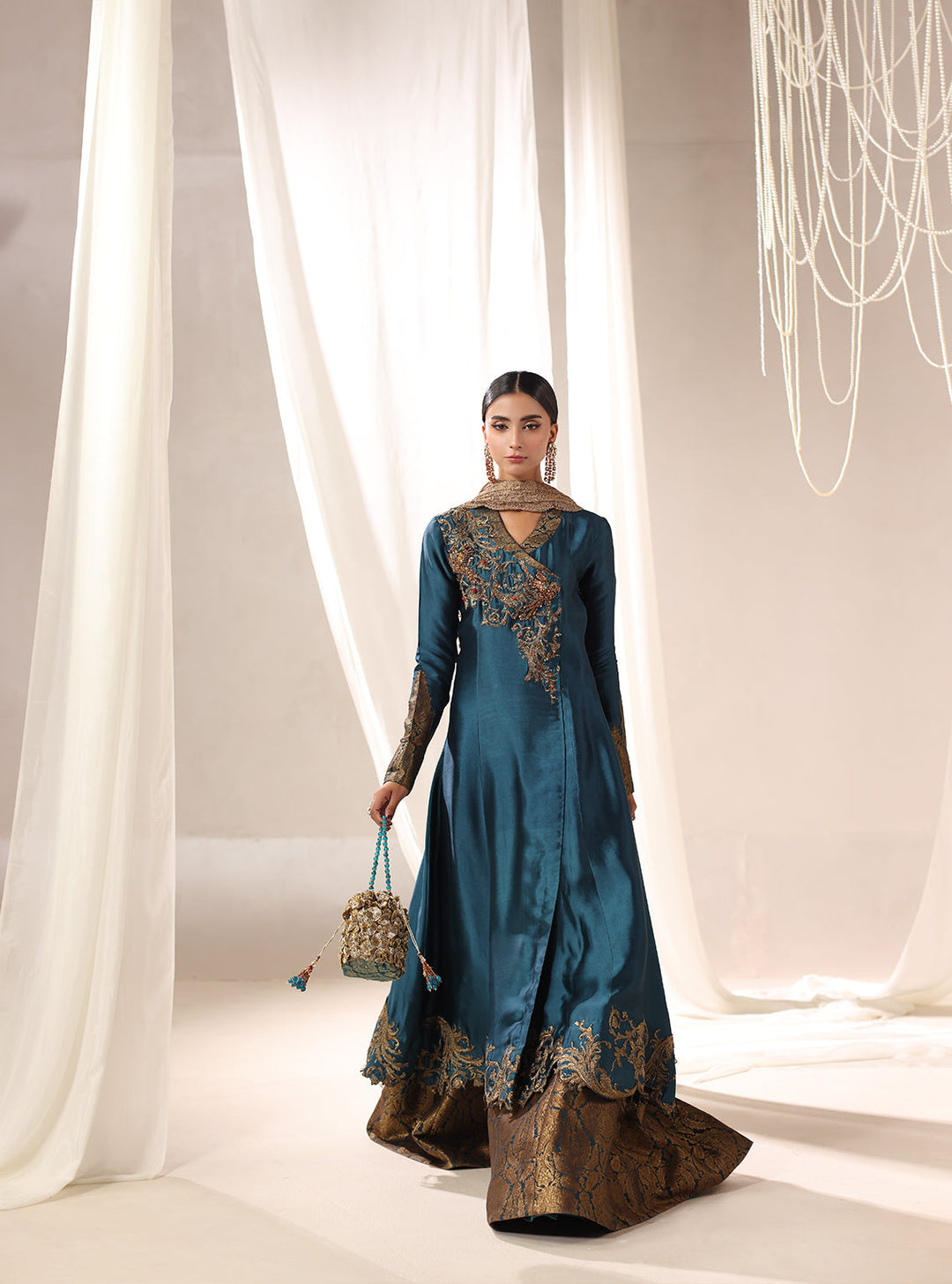 Twilight by Musferah Saad RTW Hand work Tissue Silk 3 Piece Suit Teal Temptress - Eid Collection