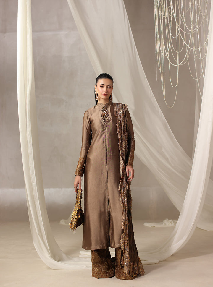 Twilight by Musferah Saad RTW Hand work Tissue Silk 3 Piece Suit Brulee - Casual Collection