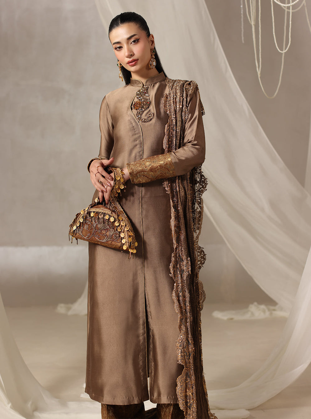 Twilight by Musferah Saad RTW Hand work Tissue Silk 3 Piece Suit Brulee - Casual Collection