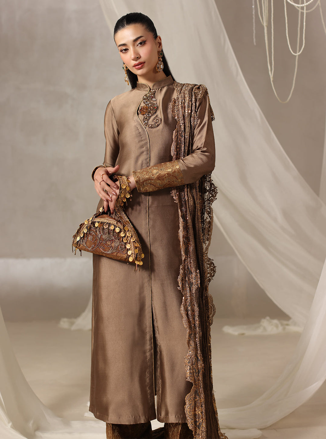 Twilight by Musferah Saad RTW Hand work Tissue Silk 3 Piece Suit Brulee - Casual Collection