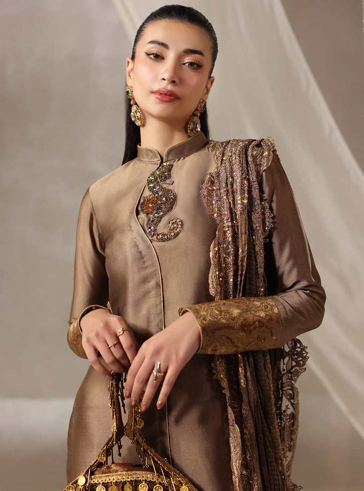 Twilight by Musferah Saad RTW Hand work Tissue Silk 3 Piece Suit Brulee - Casual Collection