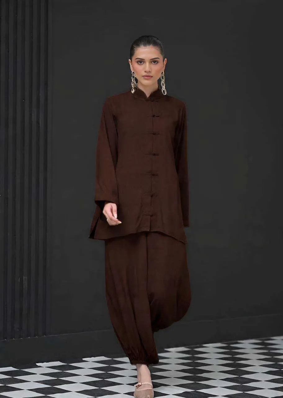The Mandarine Misaal by Ayesha Somaya RTW Solids Irish Linen 2 Piece Suit Brown Casual Collection