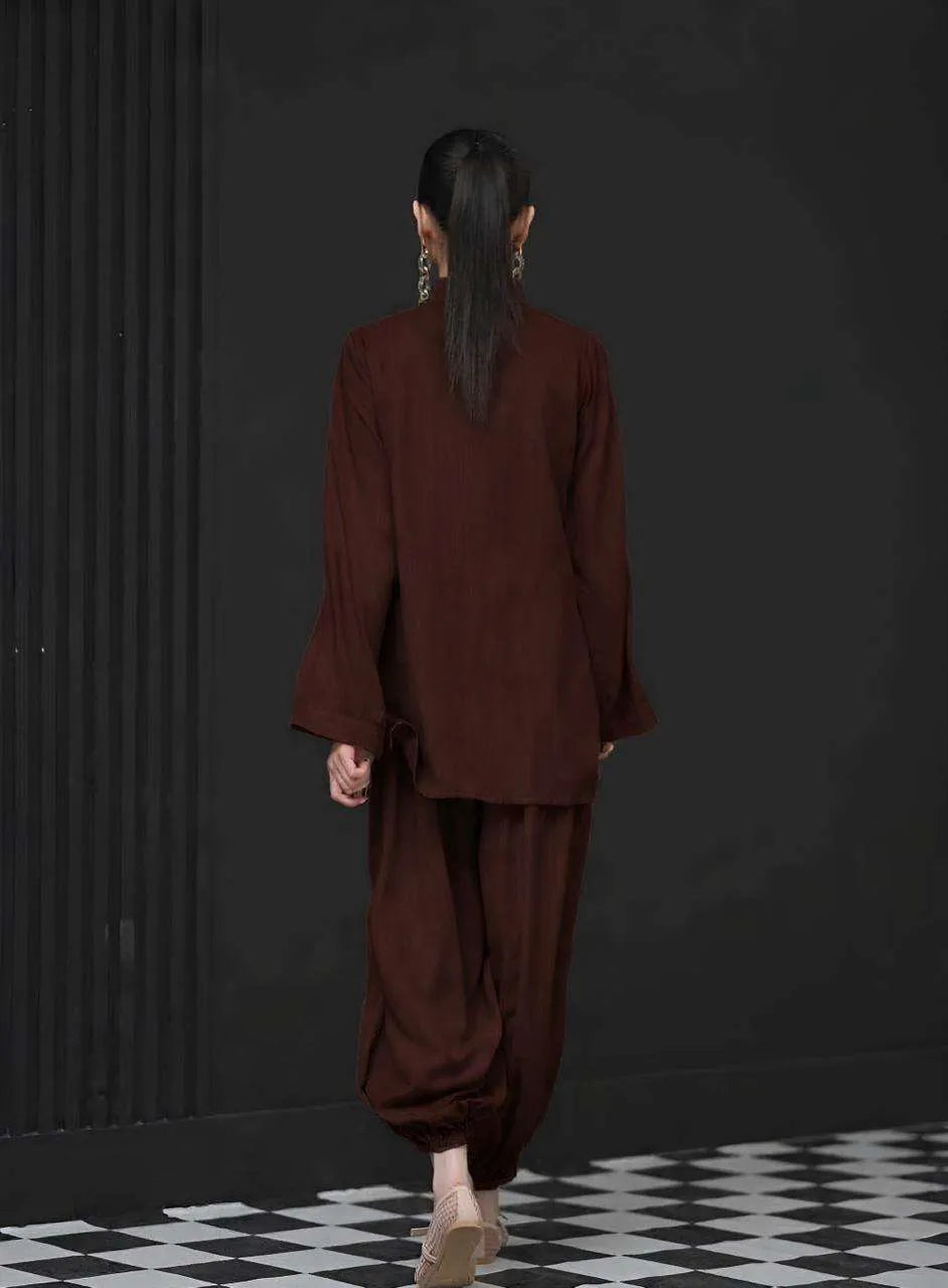The Mandarine Misaal by Ayesha Somaya RTW Solids Irish Linen 2 Piece Suit Brown Casual Collection