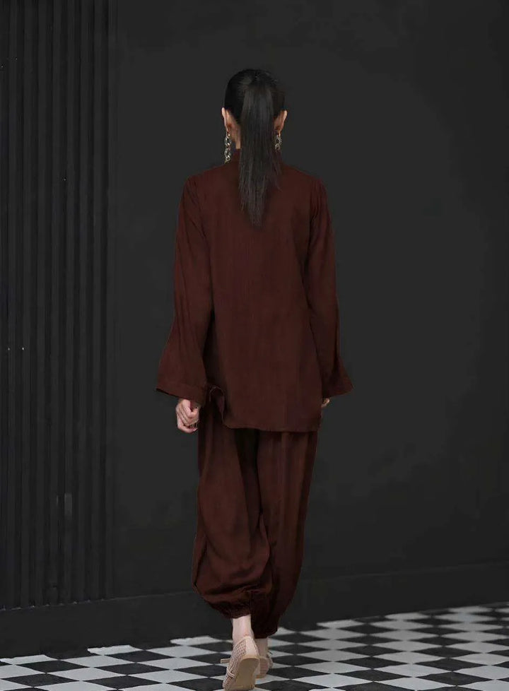 The Mandarine Misaal by Ayesha Somaya RTW Solids Irish Linen 2 Piece Suit Brown Casual Collection