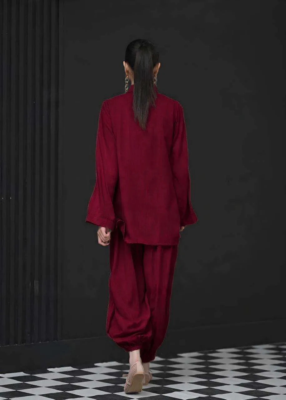 The Mandarine Misaal by Ayesha Somaya RTW Solids Irish Linen 2 Piece Suit Maroon Casual Collection