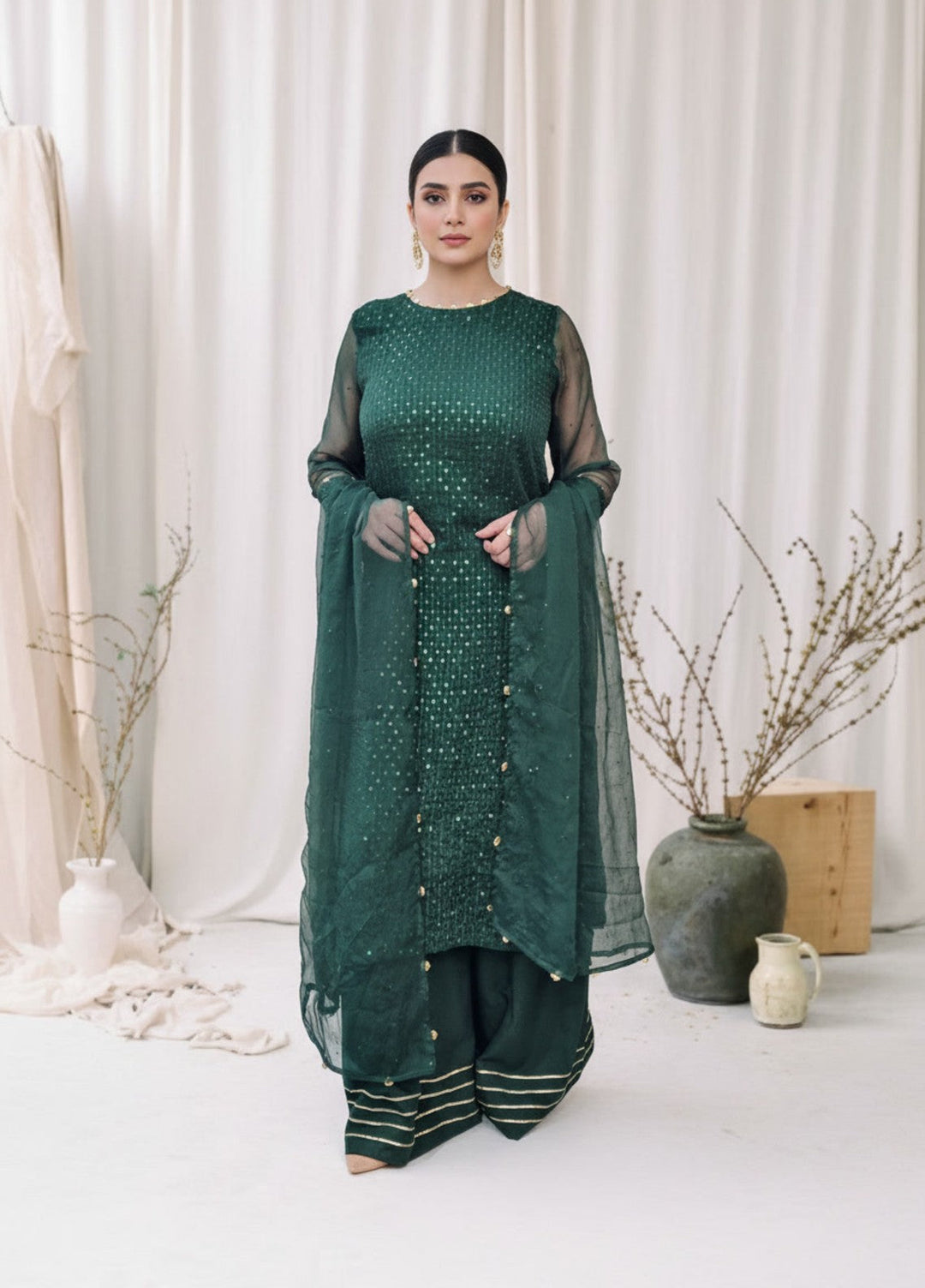 Riwaayat by Madiha Gohar RTW Textured Chiffon 3 Piece Suit Emerald Aura - Festive Collection