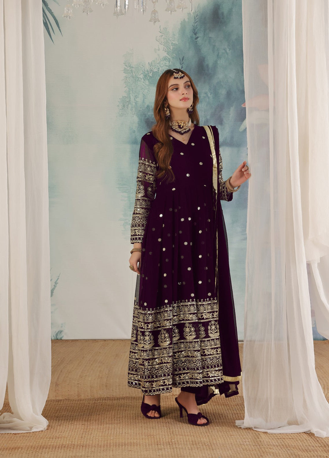Miraal by Unss Apparel Embroidered Chiffon 3 Piece Suit Purple Festive Collection
