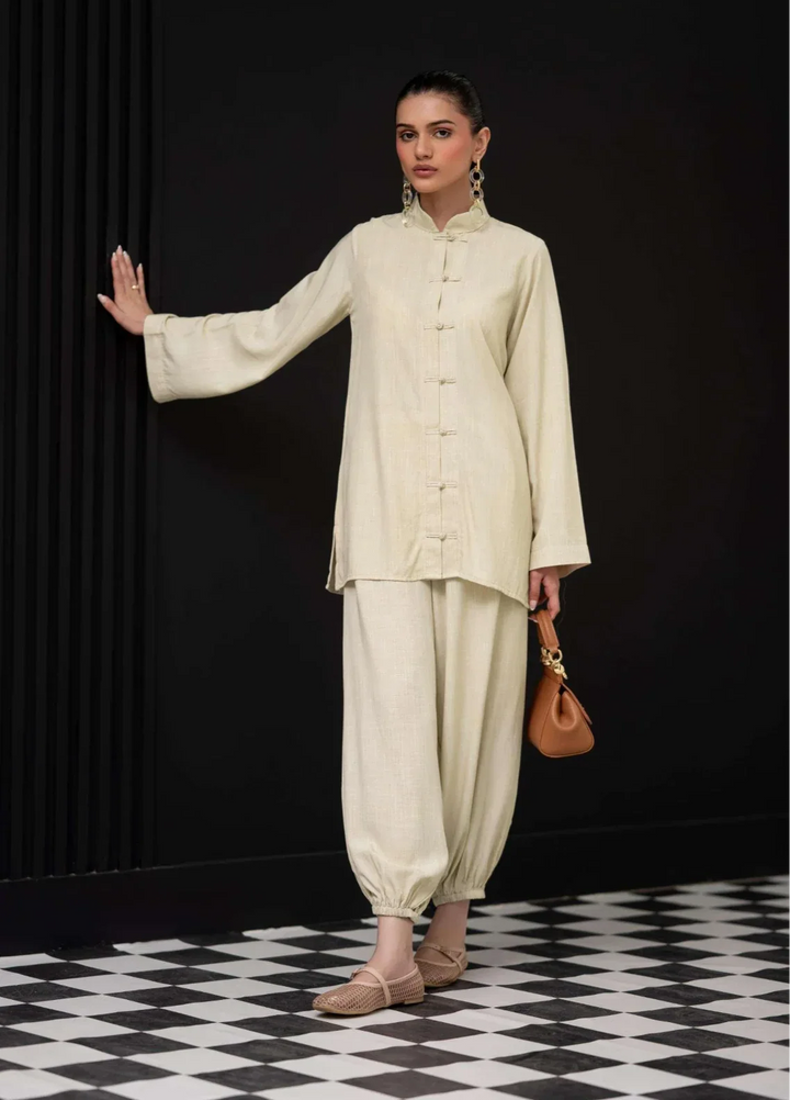 The Mandarine Misaal by Ayesha Somaya RTW Solids Irish Linen 2 Piece Suit Beige Casual Collection