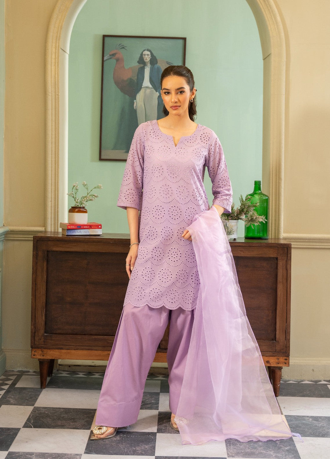 Naaz Couture RTW Chikankari Silk 3 Piece Suit Suit-Lilac Festive Collection