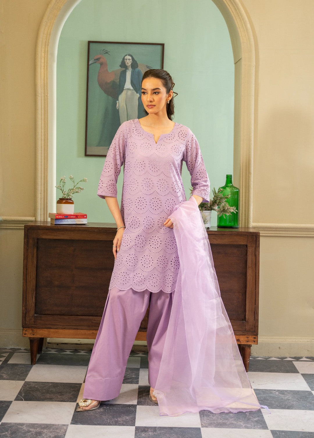 Naaz Couture RTW Chikankari Silk 3 Piece Suit Suit-Lilac Festive Collection