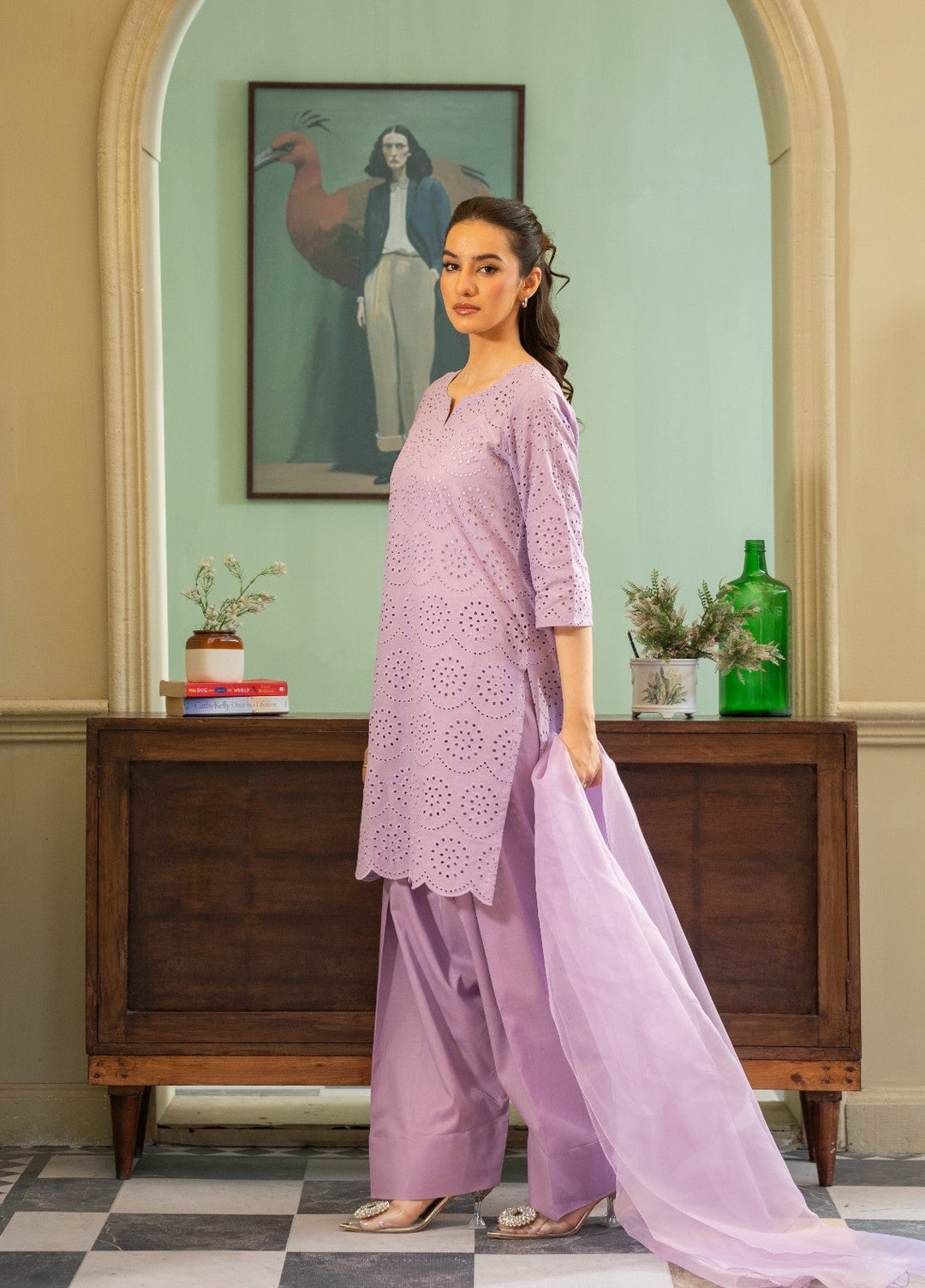 Naaz Couture RTW Chikankari Silk 3 Piece Suit Suit-Lilac Festive Collection