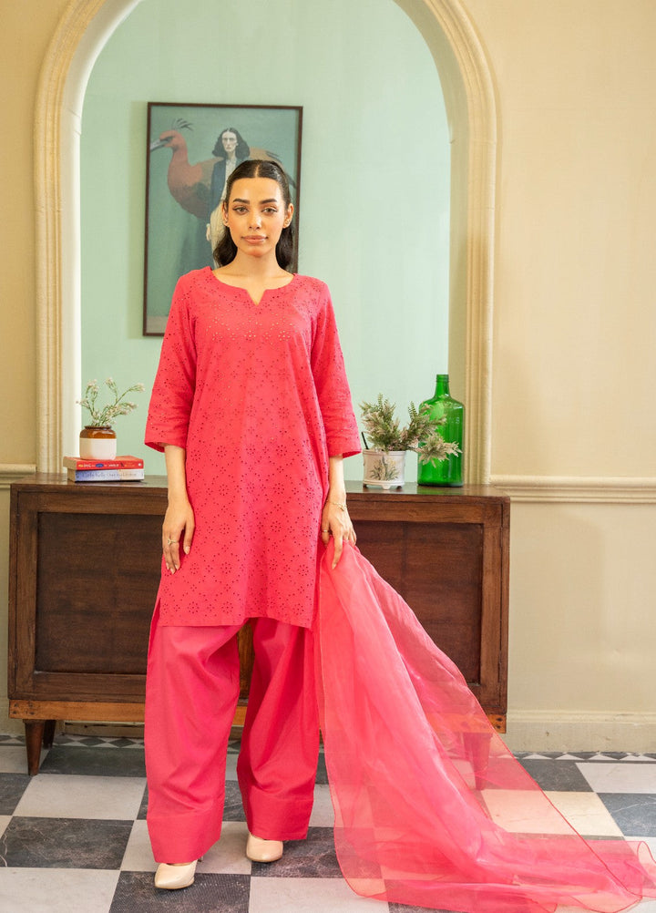 Naaz Couture RTW Chikankari Silk 3 Piece Suit Suit-Pink Festive Collection