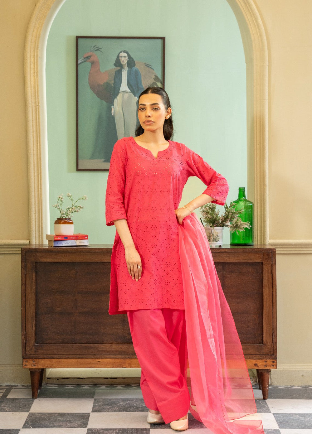 Naaz Couture RTW Chikankari Silk 3 Piece Suit Suit-Pink Festive Collection