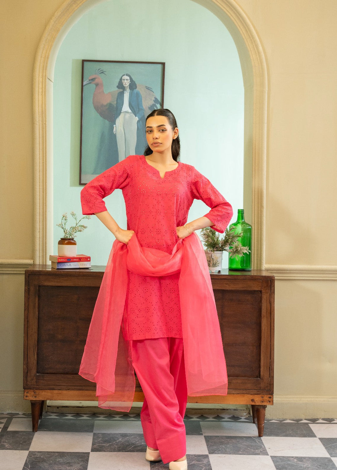 Naaz Couture RTW Chikankari Silk 3 Piece Suit Suit-Pink Festive Collection