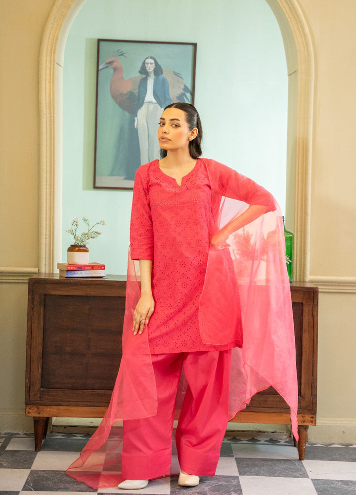 Naaz Couture RTW Chikankari Silk 3 Piece Suit Suit-Pink Festive Collection