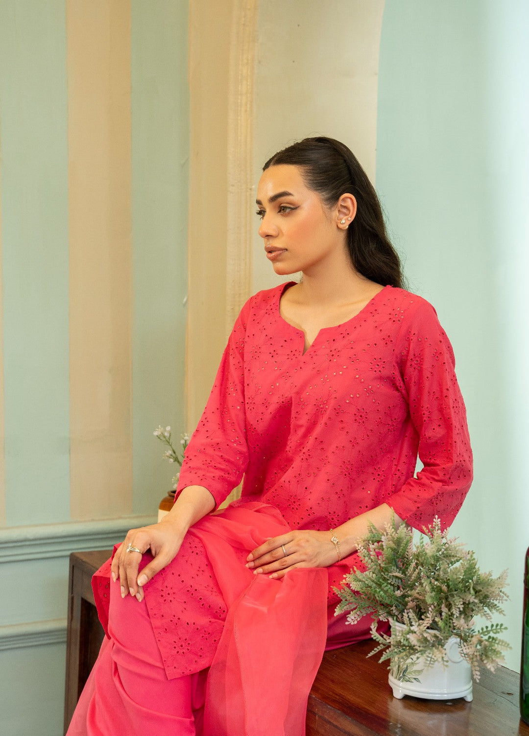 Naaz Couture RTW Chikankari Silk 3 Piece Suit Suit-Pink Festive Collection