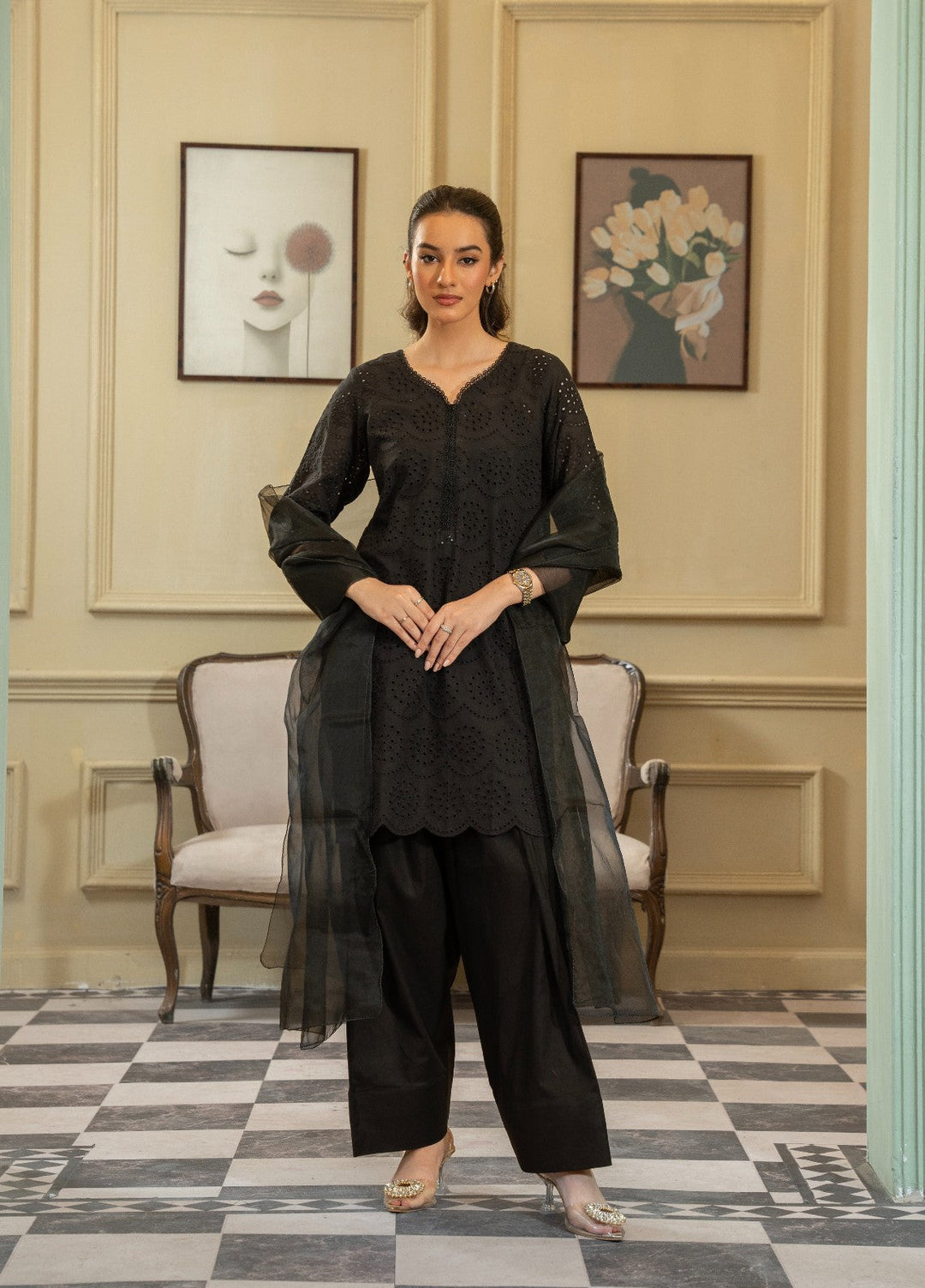 Naaz Couture RTW Chikankari Silk 3 Piece Suit Suit-Black Festive Collection