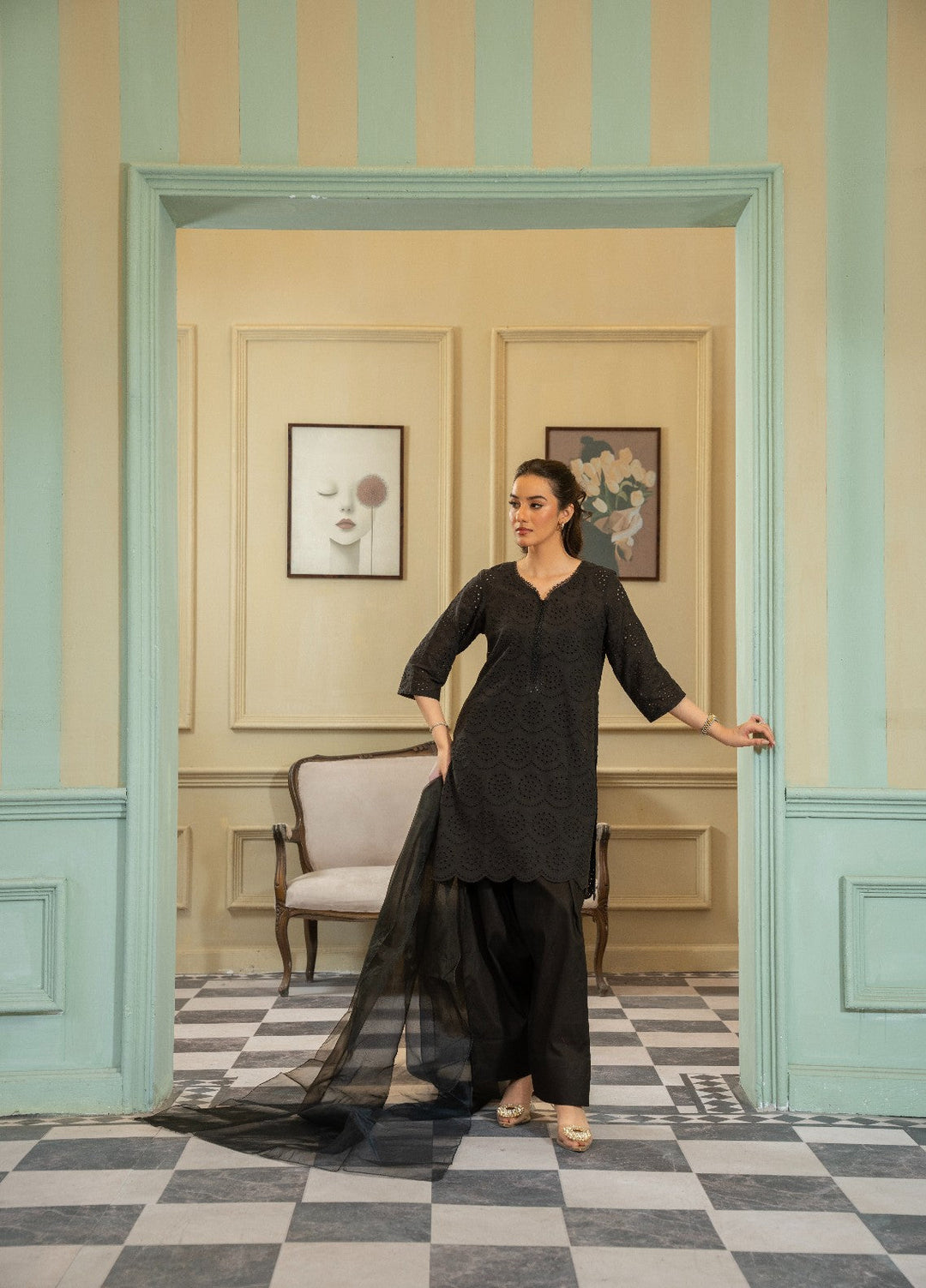 Naaz Couture RTW Chikankari Silk 3 Piece Suit Suit-Black Festive Collection