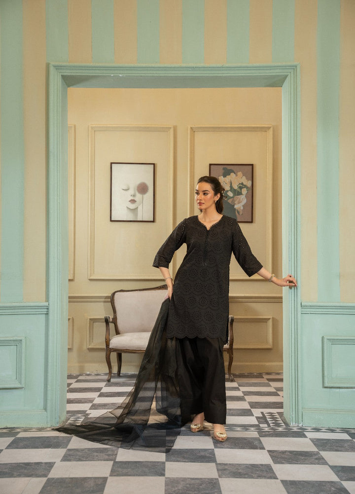 Naaz Couture RTW Chikankari Silk 3 Piece Suit Suit-Black Festive Collection