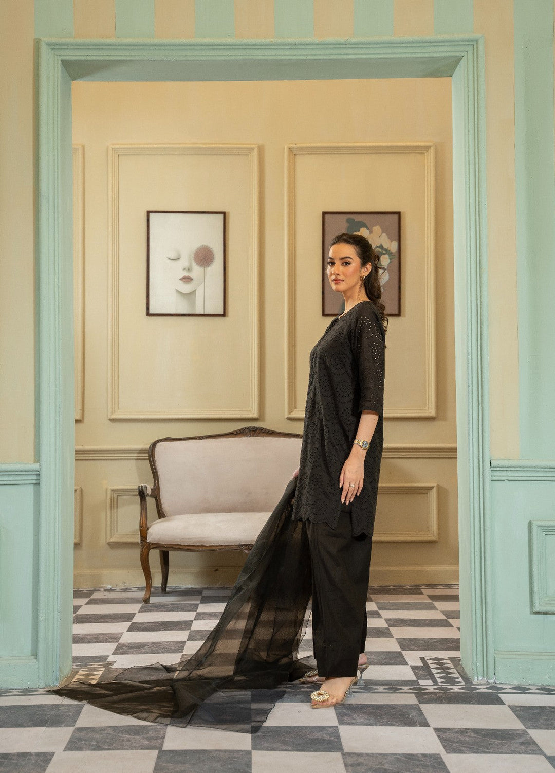 Naaz Couture RTW Chikankari Silk 3 Piece Suit Suit-Black Festive Collection