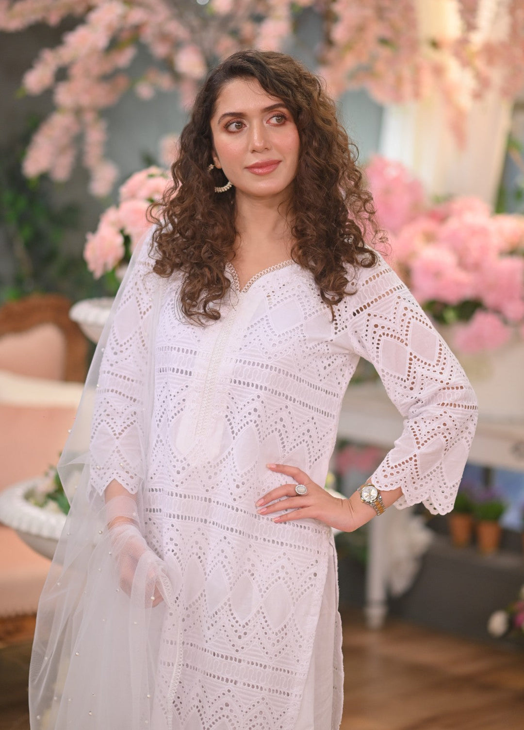 Naaz Couture RTW Chikankari Silk 3 Piece Suit Suit-White Festive Collection