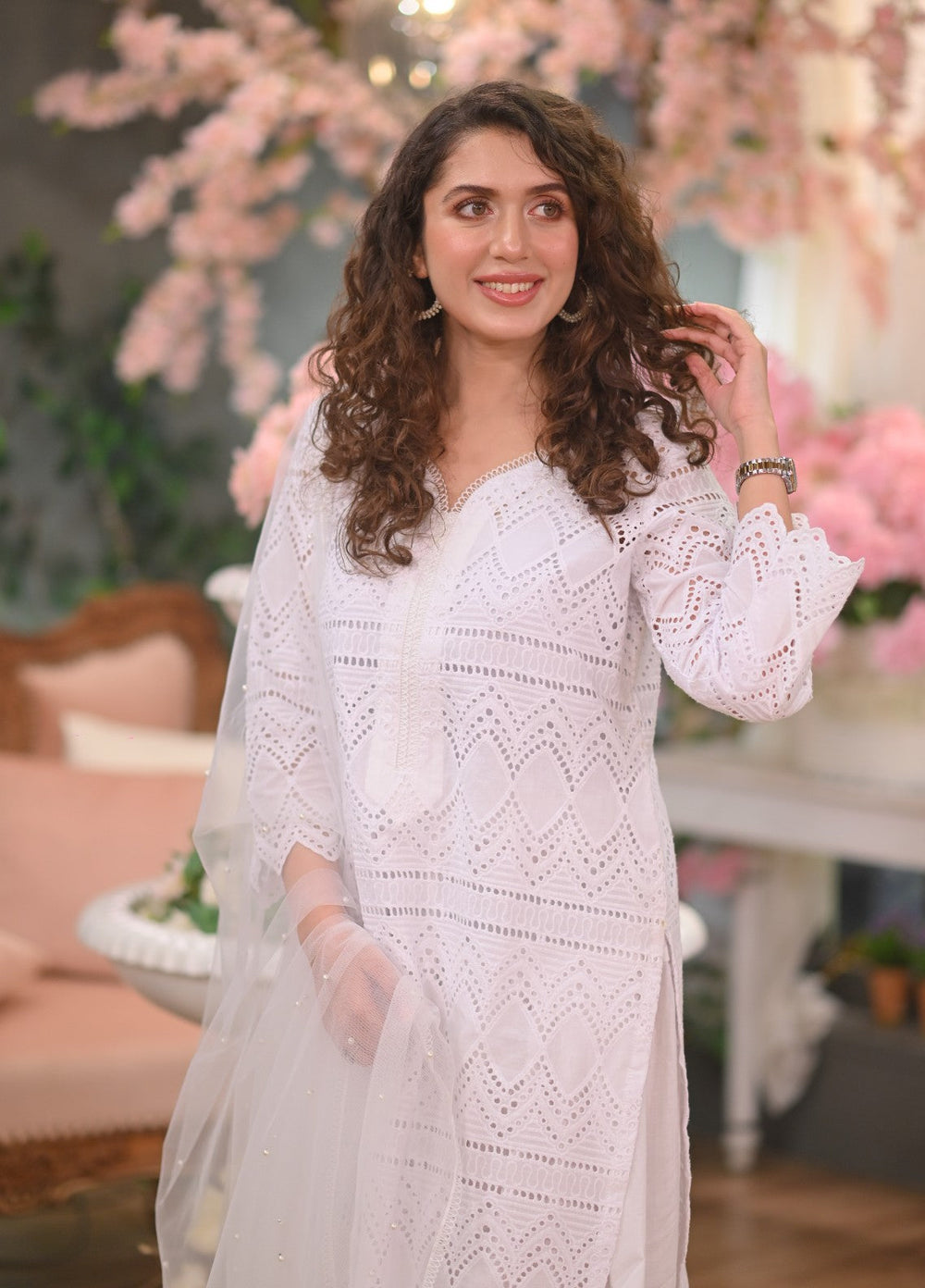 Naaz Couture RTW Chikankari Silk 3 Piece Suit Suit-White Festive Collection