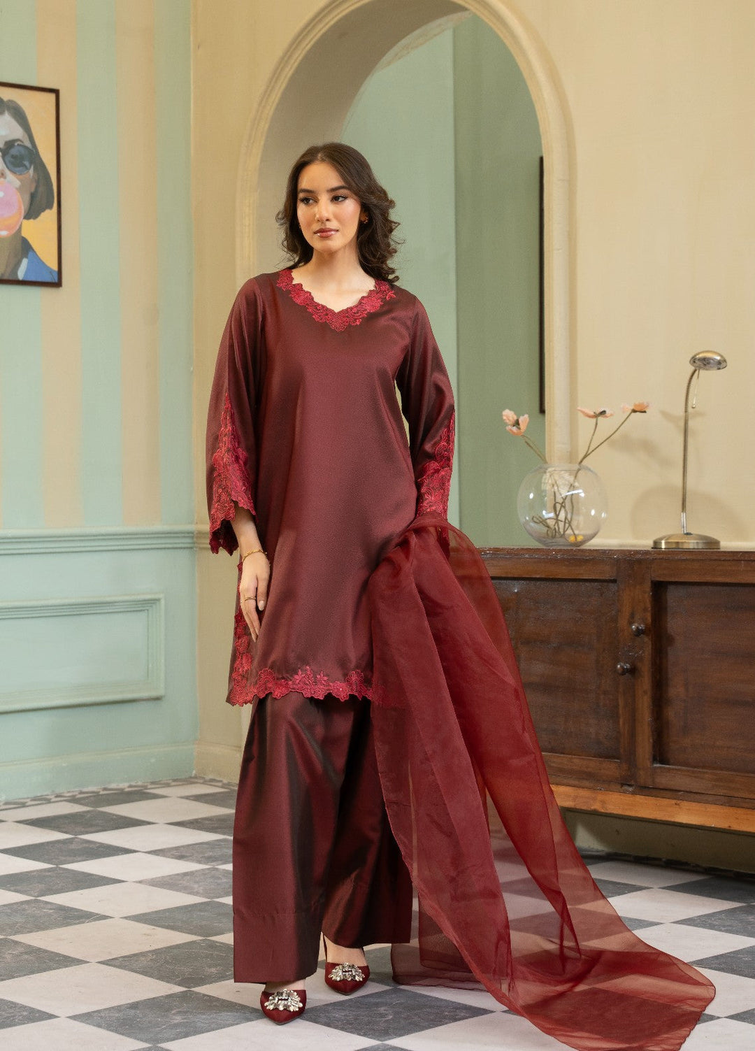 Naaz Couture RTW Embroidered Silk 3 Piece Suit Suit-Maroon Festive Collection