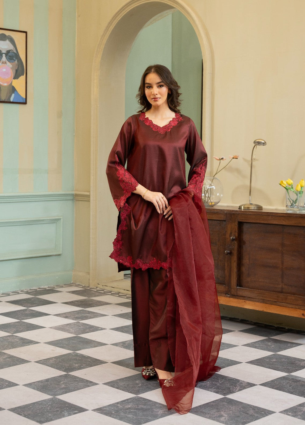 Naaz Couture RTW Embroidered Silk 3 Piece Suit Suit-Maroon Festive Collection