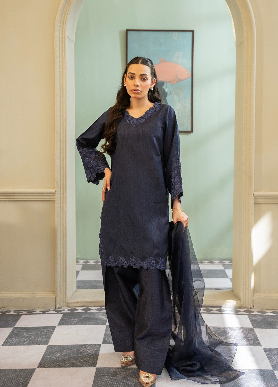 Naaz Couture RTW Embroidered Silk 3 Piece Suit Suit-Navy Blue Festive Collection