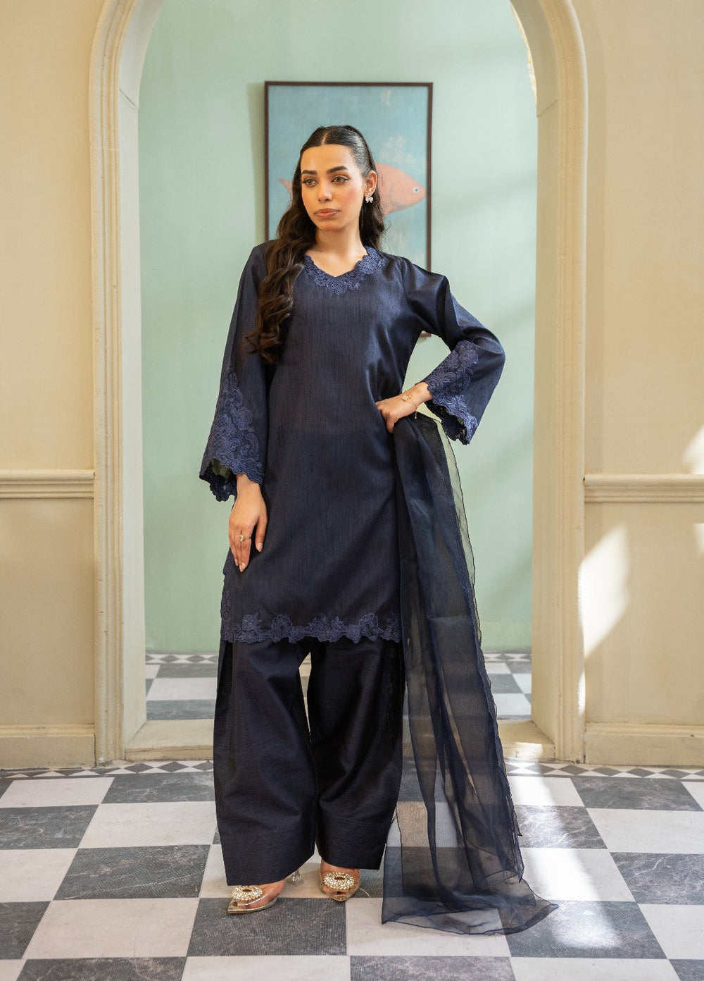 Naaz Couture RTW Embroidered Silk 3 Piece Suit Suit-Navy Blue Festive Collection