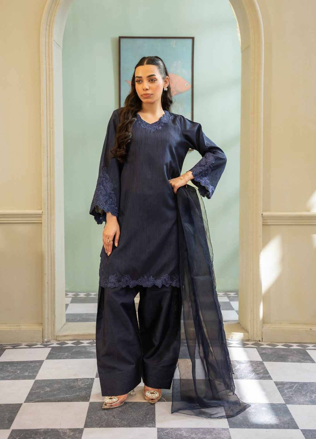 Naaz Couture RTW Embroidered Silk 3 Piece Suit Suit-Navy Blue Festive Collection