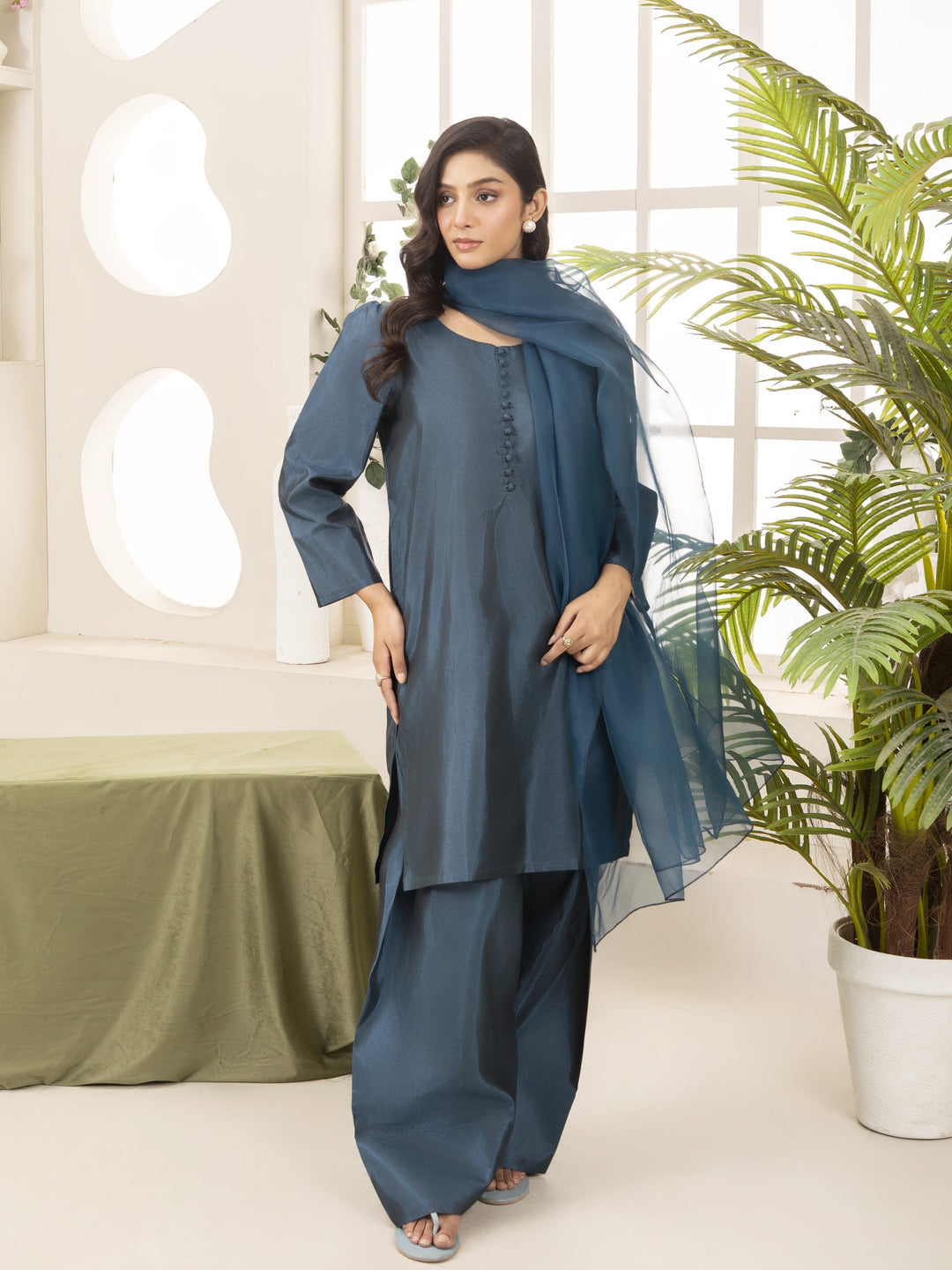 Naaz Couture RTW Embroidered Silk 3 Piece Suit Suit-Teal Festive Collection